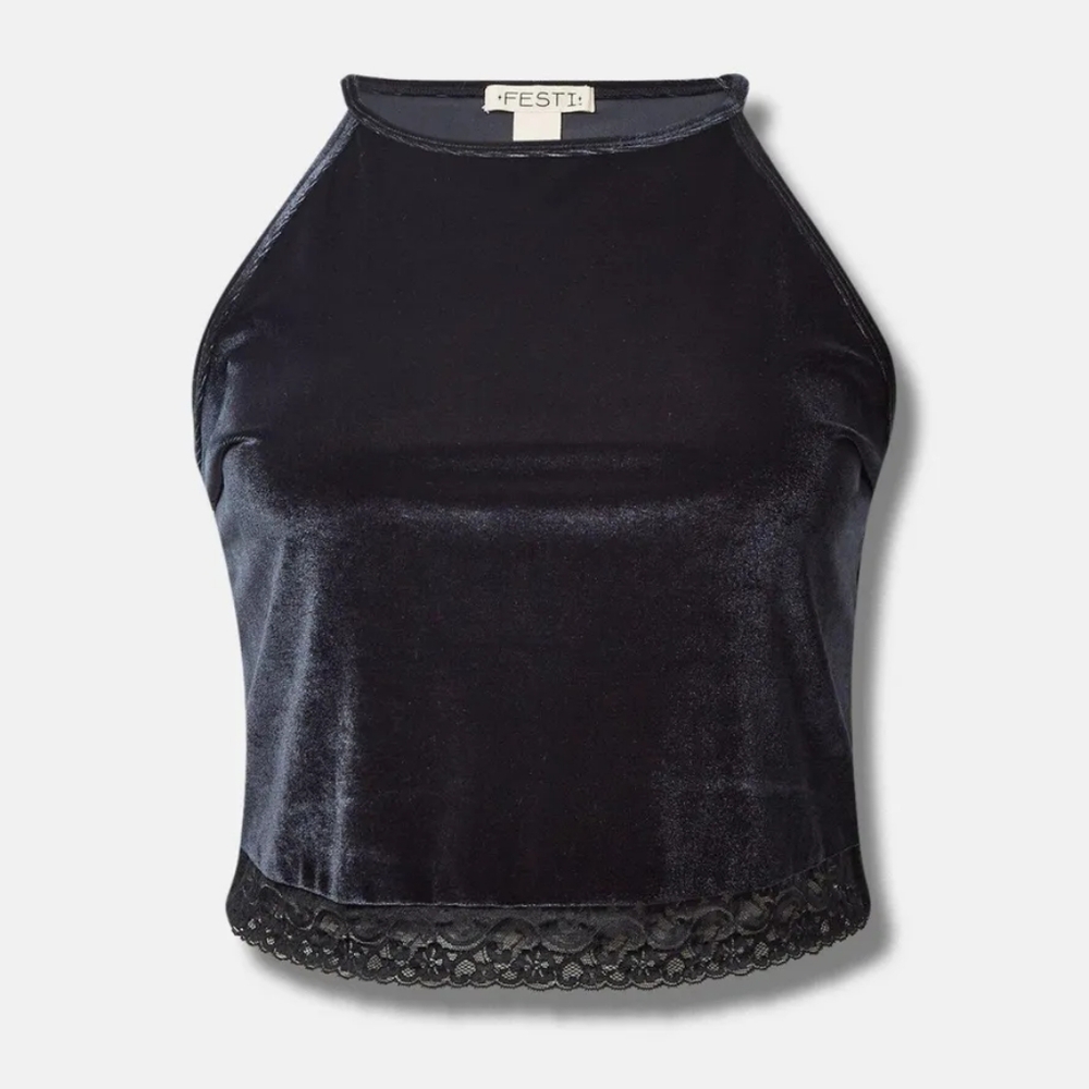 Festi Size 0 Stretch Velvet High Neck Lace Trim Cropped Cami